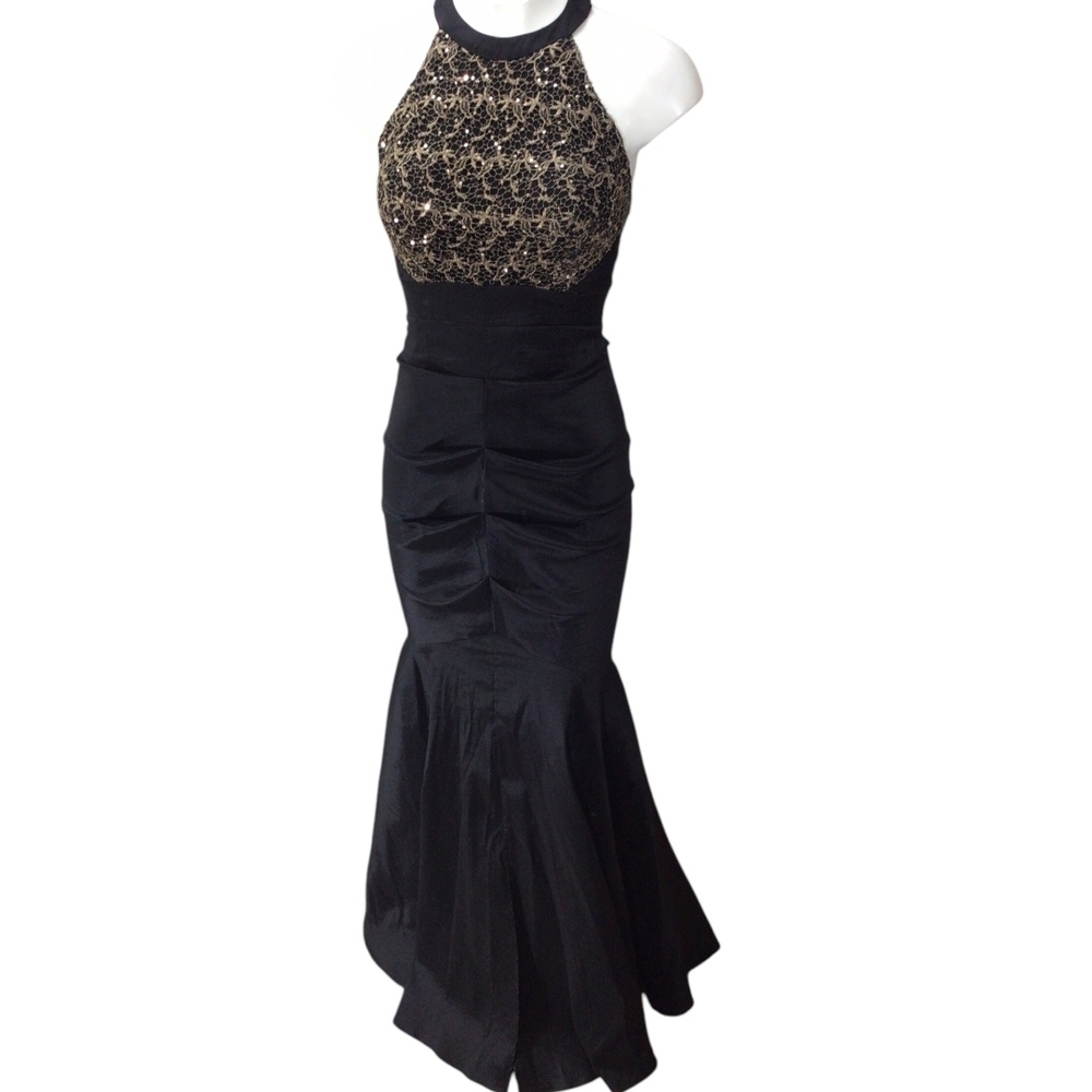 Blondie Nites Black and Gold Embellished Backless Sheath Dress